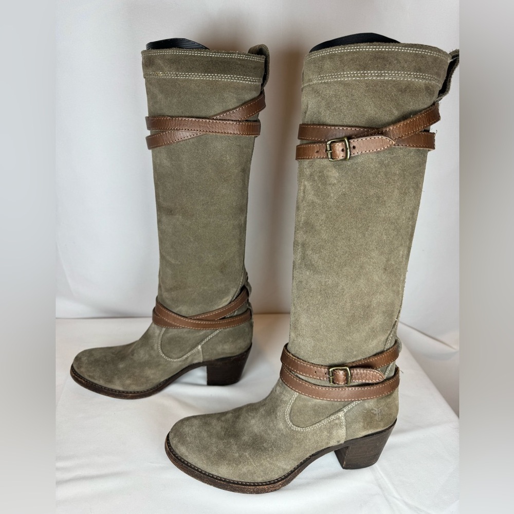 Frye Jane Strappy Harness Tall Boots – Fatigue Suede – Brown Leather – Size 7B
